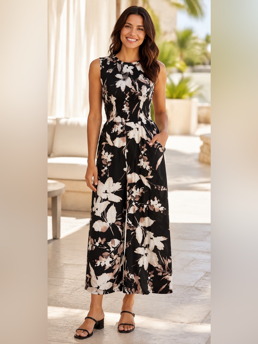 Calvin Klein Size 8 Floral Smocked Wide Leg Cropped Jumpsuit Black Beige